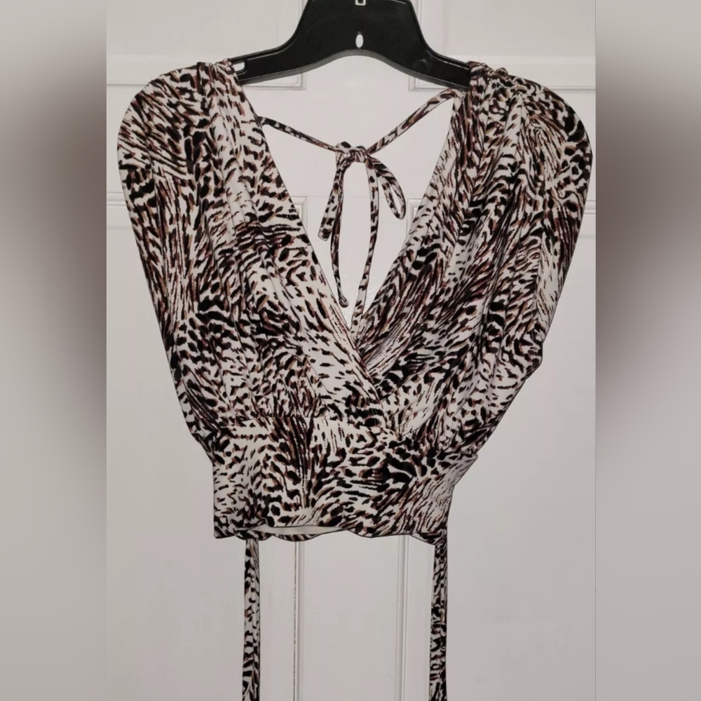 Express Smooth Matte Jersey Draped Front Tie Split Open Back Top Animal Print XS